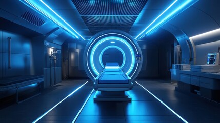 Futuristic medical scanner room, glowing blue. Ideal for sci-fi, healthcare, and technology projects needing a modern medical setting.