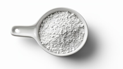 Closeup of white powder in a measuring cup on a minimalist background for culinary use