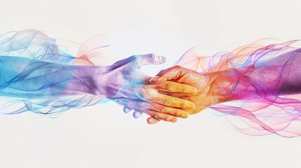 Obraz premium Handshake of Unity: Two hands, rendered in vibrant, ethereal smoke, reach out to clasp in a gesture of connection and unity. The swirling colors evoke a sense of harmony and shared purpose.