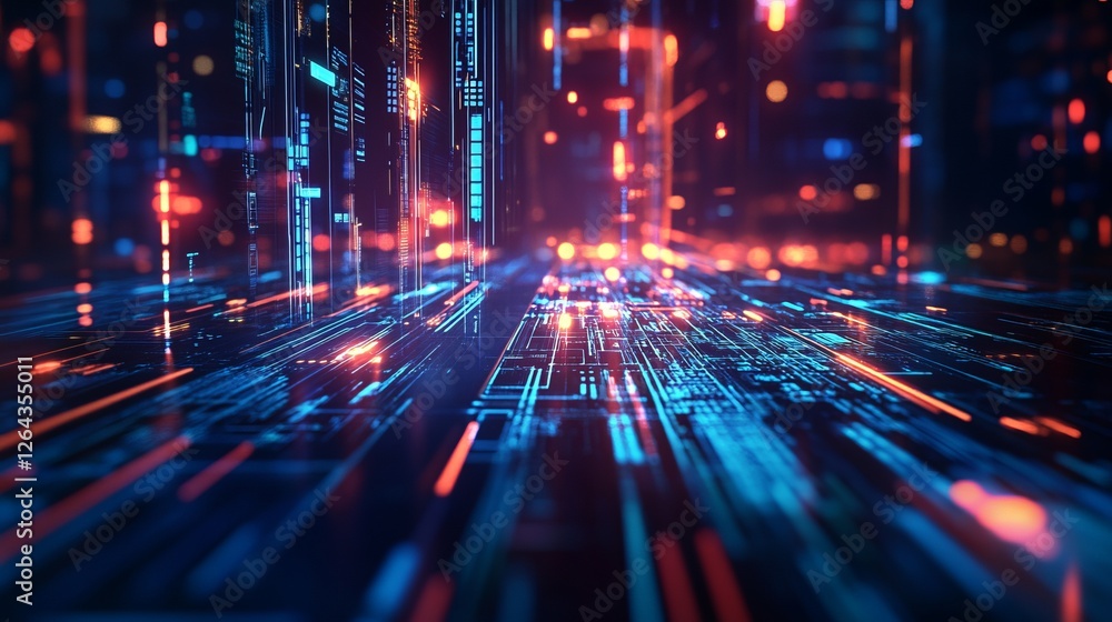 Aufkleber cyberpunk style abstract technology background. futuristic cityscape, digital data stream and matrix