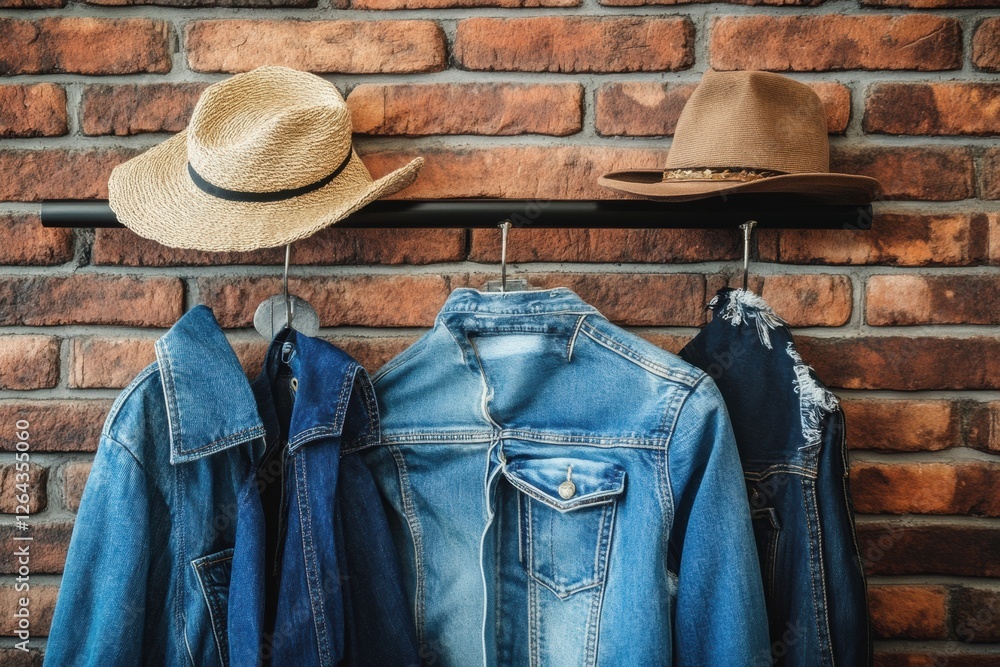 Poster denim jackets and hats displayed on a rustic brick wall create a stylish and casual atmosphere for f