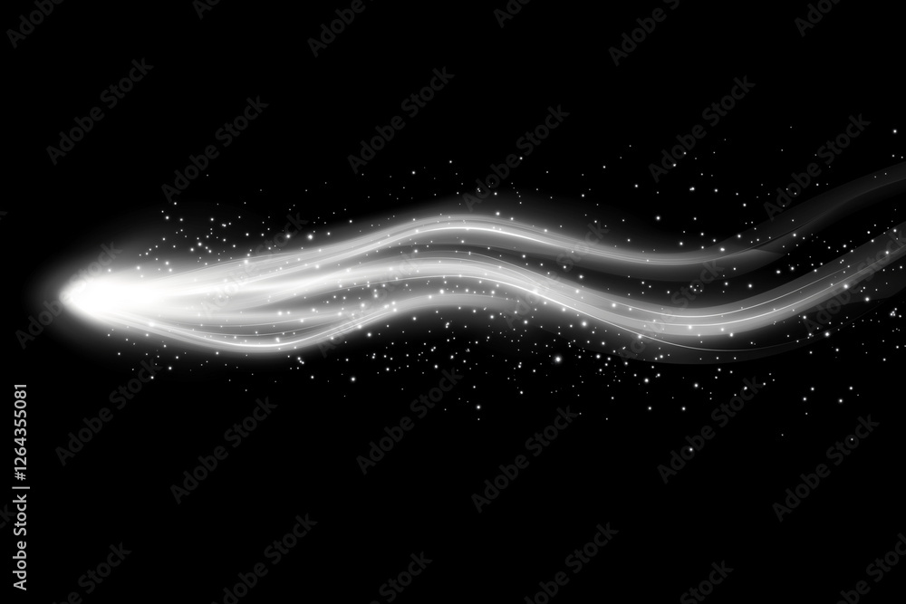 Poster white streak of light with a lot of sparkles. it looks like a comet. the light is shining brightly a