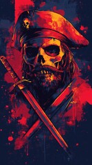Vivid pirate skull illustration with crossed swords, set against a colorful abstract background