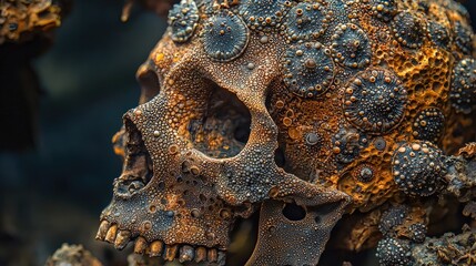Close-up of a weathered skull covered in barnacles, showcasing marine decay and textures