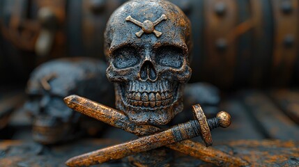 A weathered pirate skull with crossed swords in a treasure-filled setting, evoking adventure and mystery