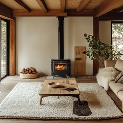 Cozy living room features a modern wood burning stove
