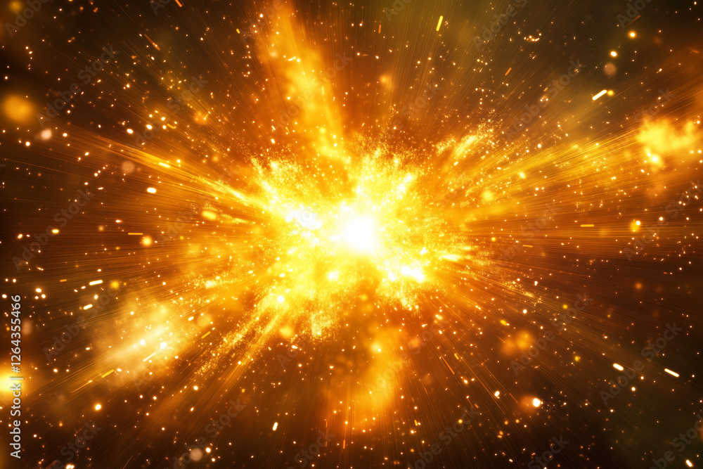 Poster bright yellow explosion in space with lots of sparks. the explosion is surrounded by a dark backgrou