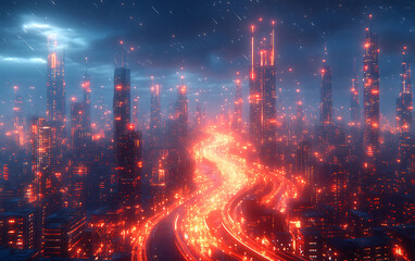 Obraz premium Futuristic Neon Mega City Towers with Virtual Reality Vibes