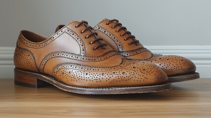 Elegant brown brogue shoes displayed on a wooden surface, showcasing craftsmanship and style