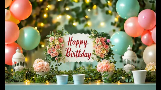 Vibrant birthday celebration setup with floral decorations and balloons