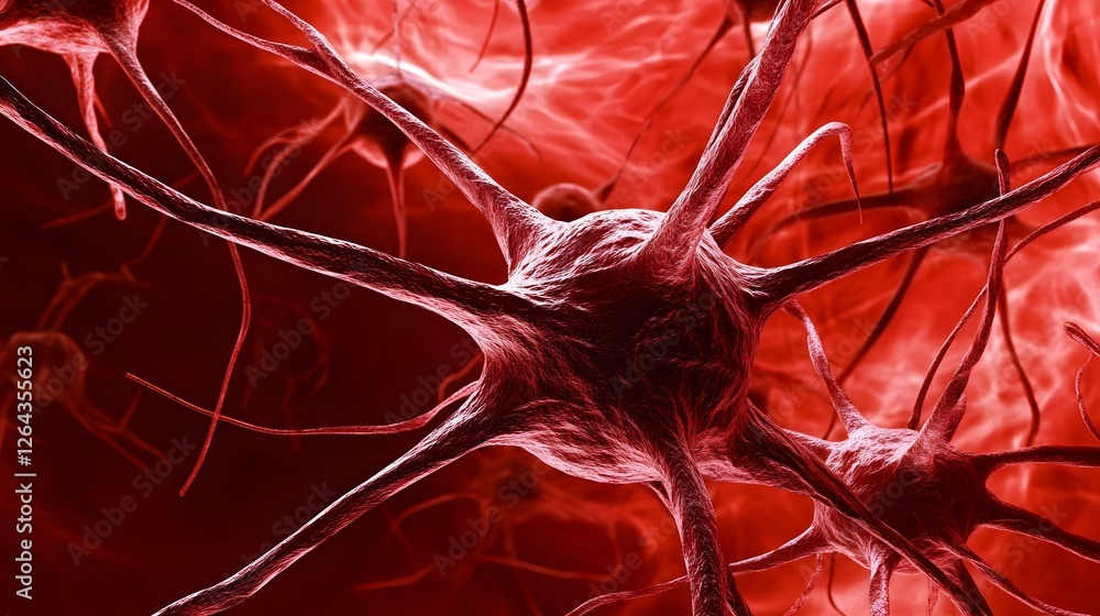 Poster glowing red dense and intricate biological structure with a complex network of neurons and circulato