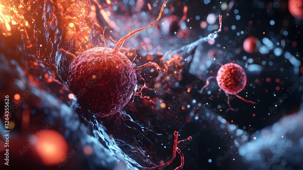 Poster glowing red microorganism cells captured under a high powered microscope in a scientific laboratory 