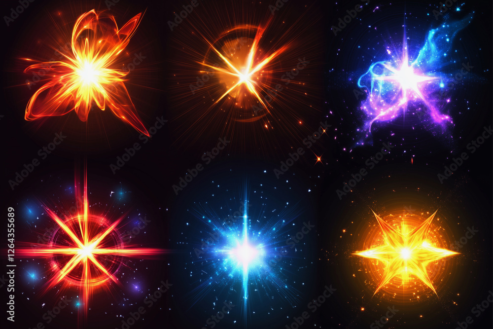 Poster set of six colorful, glowing stars, each with a different color and shape. the stars are arranged in