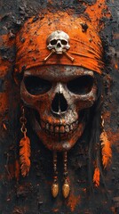 A detailed close-up of a weathered pirate skull adorned with an orange bandana and feathers, set against a textured dark background