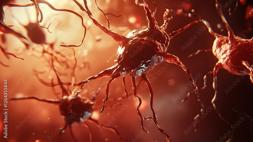 Fototapete Glowing Red Neural Network of Interconnected Neurons and Synapses in Abstract Scientific Depicting the Complexity and Beauty of the Human Brain and Nervous System