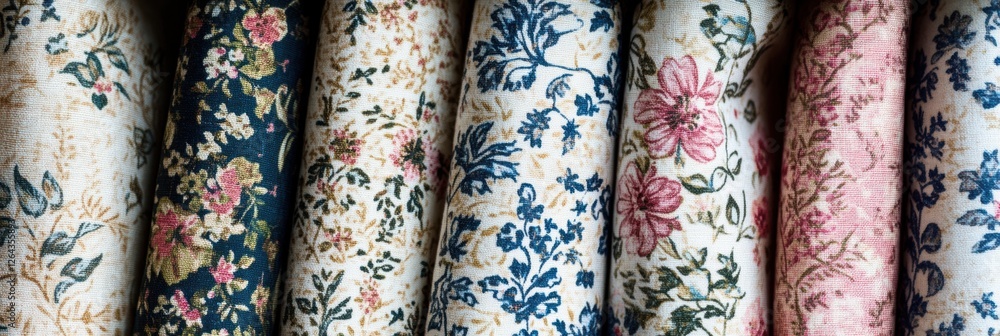 Poster beautiful close up of patterned fabrics featuring floral and geometric designs with space for text. 