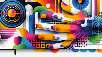 Abstract Hands in Geometric Pattern: A vibrant, abstract illustration of a pair of hands rendered in bold, graphic style, set against a dynamic background of geometric shapes and patterns.