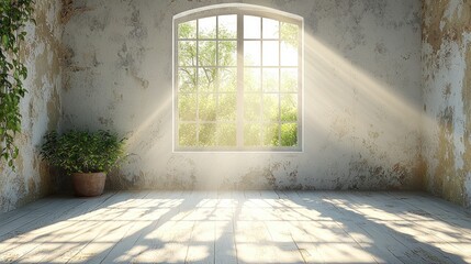 Sunlight streaming through a large window in a rustic room with a plant, creating a serene atmosphere