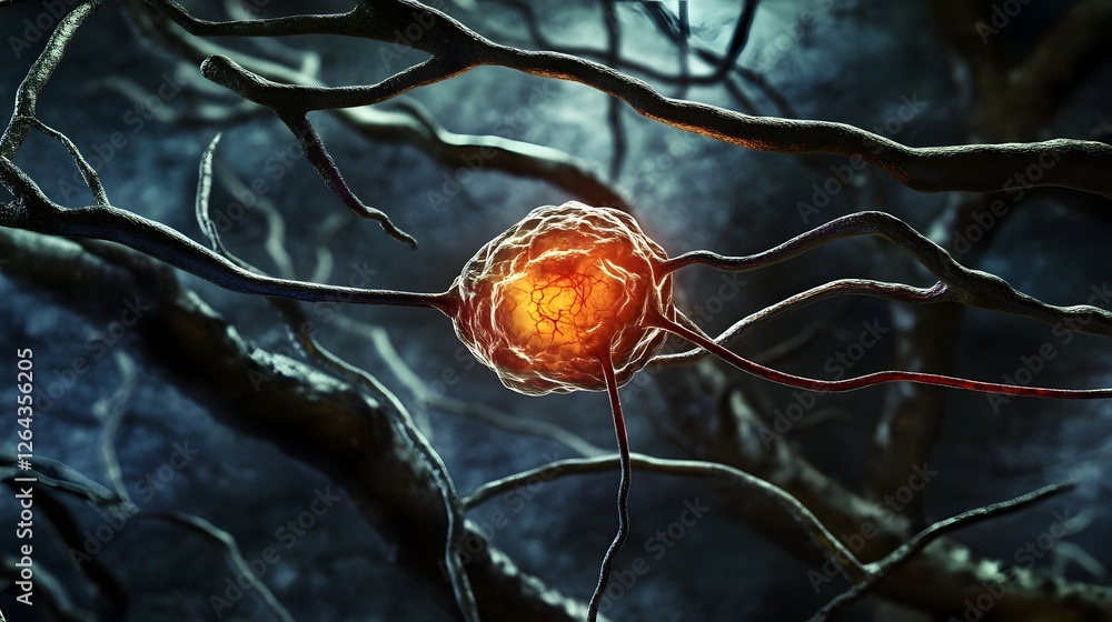 Leinwandbilder Glowing red neuron cell firing electrical signals in an abstract digital neural network  Conceptual image representing brain function neurological processes