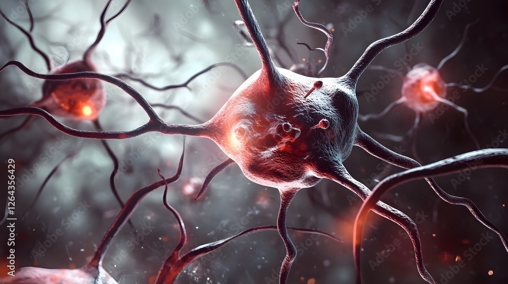 Aufkleber Glowing Red Neurons and Synapse in Futuristic Brain Abstract 3D digital visualization of the complex neural network and electrical activity within the human cerebral cortex