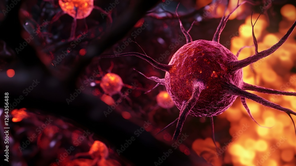 Aufkleber Glowing red neuron cell microscopic structure in abstract biological technology background  Detailed microscopic view of neural network synaptic connections
