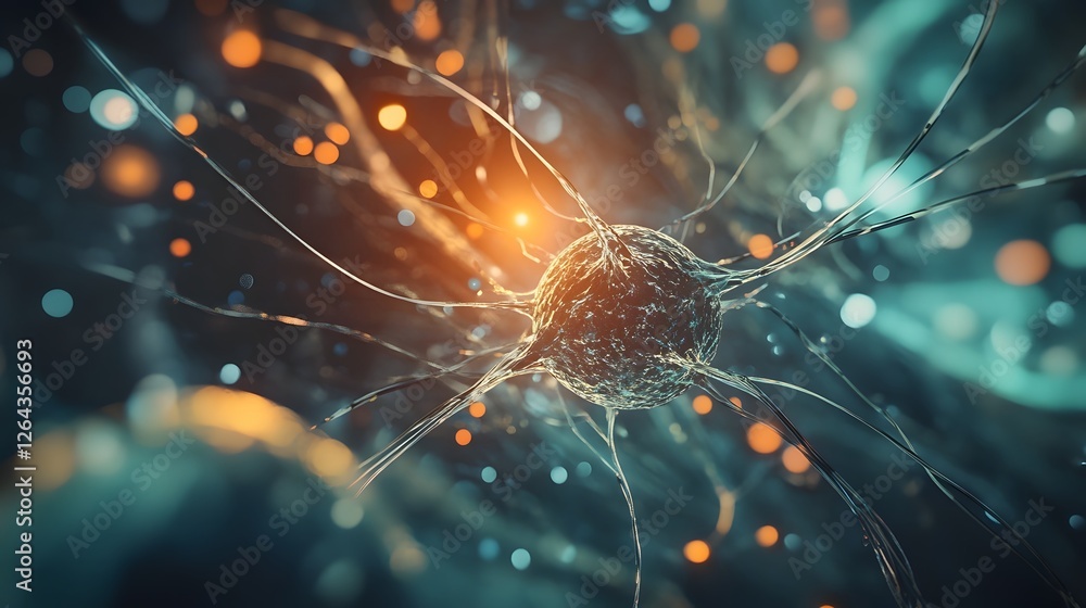 Poster Glowing Synaptic Connections in a Futuristic Neural Network  Abstract digital of a complex luminous neural network representing the dynamic and interconnected nature of the human brain and cognition