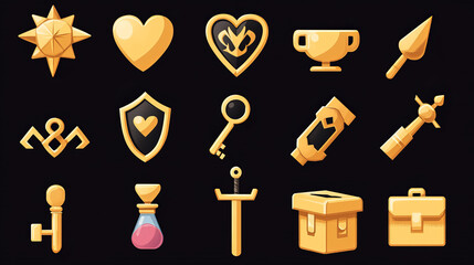 Set of game icons, shield, sword, lightning flash and heart, golden cup, magic potion flasks, gold key and treasure chest. Cartoon 3d ui flag, gift box, bomb and money bills, hourglass and brilliant