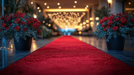 Elegant red carpet leading to a beautifully lit entrance adorned with vibrant flowers