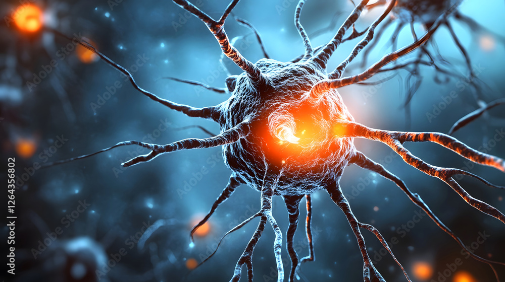 Poster Glowing Synapse Network of Illuminated Nerves and Neurons in Motion Abstract Futuristic Digital Visualization of Interconnected Neural Communication and Electrical Impulses