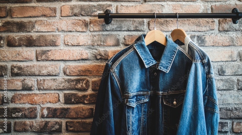 Poster denim clothing displayed against rustic brick wall with space for creative text layout or brand mess