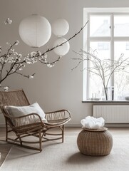 Bright living room featuring rattan chair paper lanterns branches