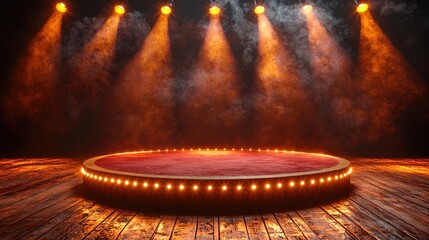 Dramatic spotlighted stage with wooden floor and smoky atmosphere, ideal for performances or events
