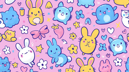 Kawaii Doodle Background for Kids in Pastel Colors with Thick Lines