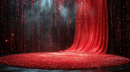 Elegant red stage with shimmering curtains and sparkling particles, creating a dramatic atmosphere
