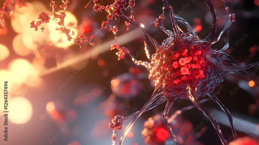 Leinwandbilder Highly magnified and detailed view of a microscopic virus cell with intricate red patterns and structures indicating a complex infection or disease outbreak