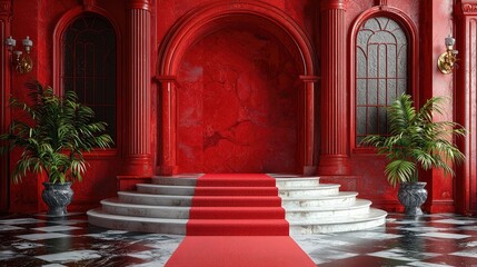 Elegant red-themed interior with marble steps, vibrant plants, and an ornate backdrop for events