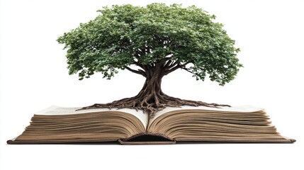 A conceptual image of a tree growing from an open book, symbolizing the connection between nature and knowledge, inspiration and growth.