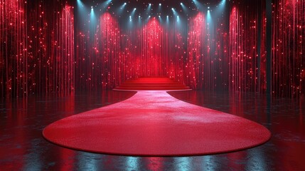 A vibrant red carpet event scene with dramatic lighting and a stage set for a performance