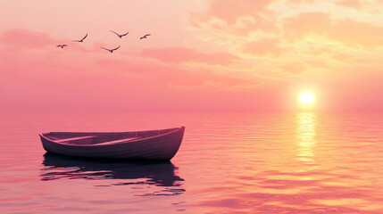 Early morning sunrise seascape, lonely wooden boat on sea or ocean picturesque landscape. Nature background with skiff floating on calm water with birds flying in pink sky, Cartoon vector illustration © Ruhi