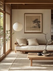 Serene interior featuring natural light wooden furniture and artwork
