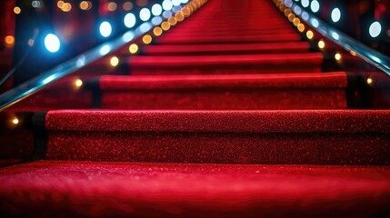 A close-up view of a luxurious red carpet staircase adorned with shimmering lights, creating an inviting ambiance