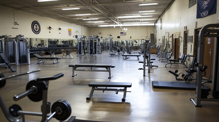 Fototapeta premium Sport and fitness equipment in gym. Vector cartoon interior of training club with running track, exercise bike, bench, fitness balls, dumbbells and yoga mat. Empty workout room
