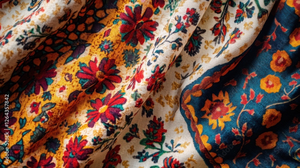 Aufkleber Close up view of intricate patterned fabrics with vibrant floral and geometric designs suitable for textile art. Generative AI