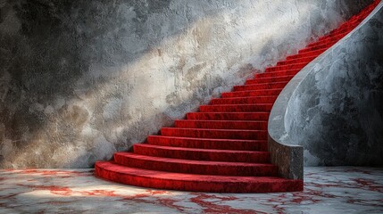 Elegant red carpeted spiral staircase in a modern architectural space with textured walls