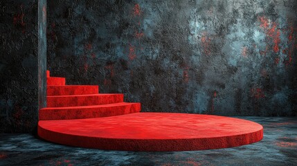 Red carpeted steps leading to a circular platform in a textured dark blue and red room