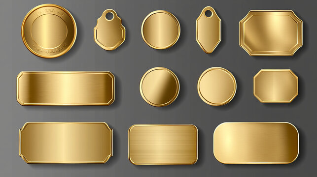 Gold or brass plates, golden name plaques empty mockup. Metal identification tags or badges, round, oval and rectangular frame for nameplate isolated on transparent background, realistic 3d vector set