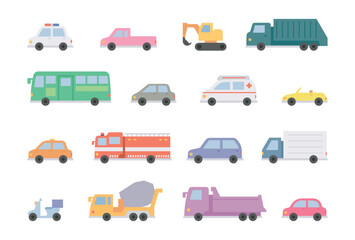A collection of flat vector illustrations of various vehicles, including cars, trucks, buses, taxis, emergency vehicles, and construction machines. Cute and colorful designs suitable for children