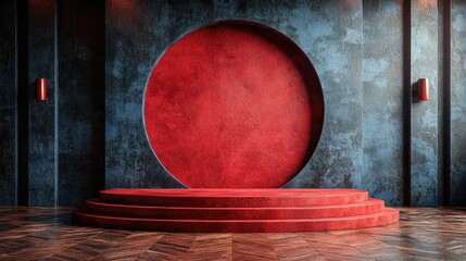 Modern interior with a striking red circular feature wall and elegant lighting in a spacious room