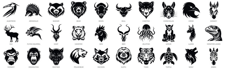 Obraz premium 30 Set Aggressive Animals Silhouette Vector Illustration