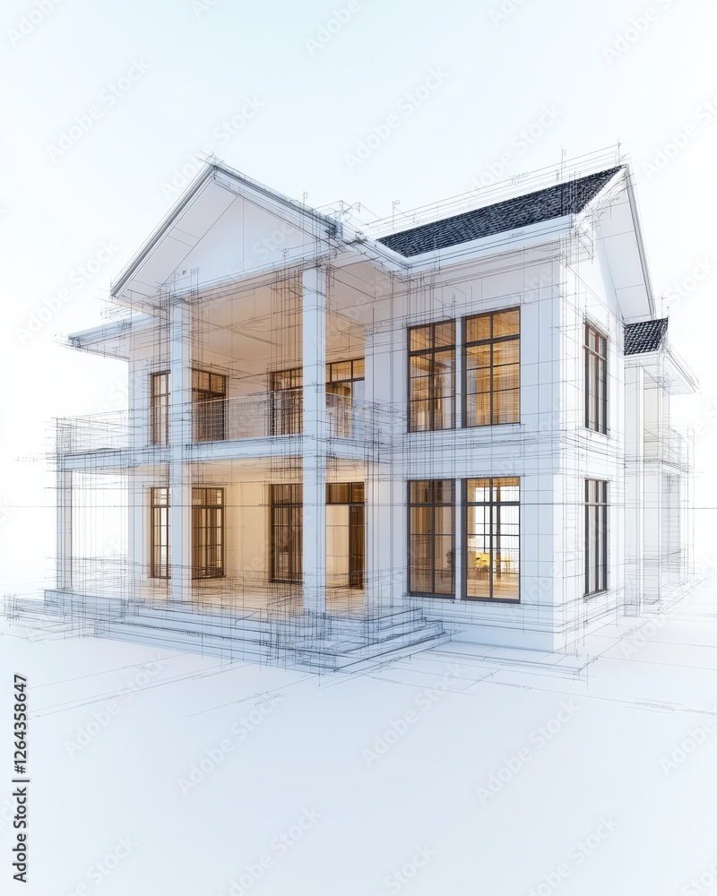 Poster a modern architectural design of a house in a wireframe style, showcasing its structural elements an